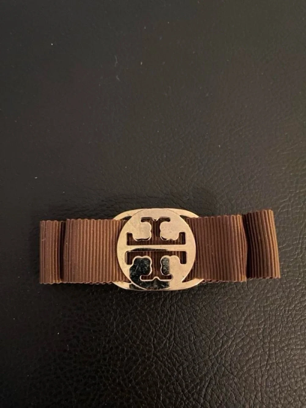 Tory Burch Brown Ribbon Hair Clip with Gold Logo